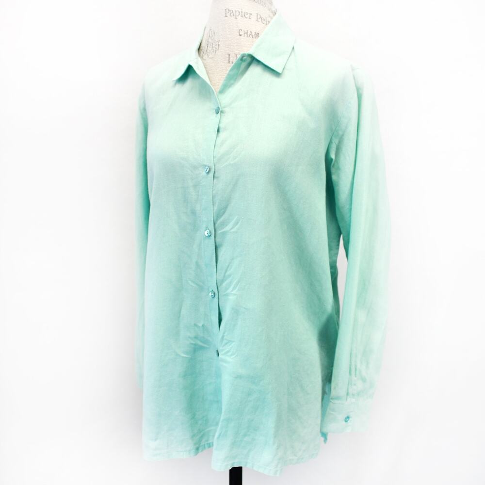 Eileen Fisher Shirt Top Button Blue Collared 100% Linen Summer Casual Small